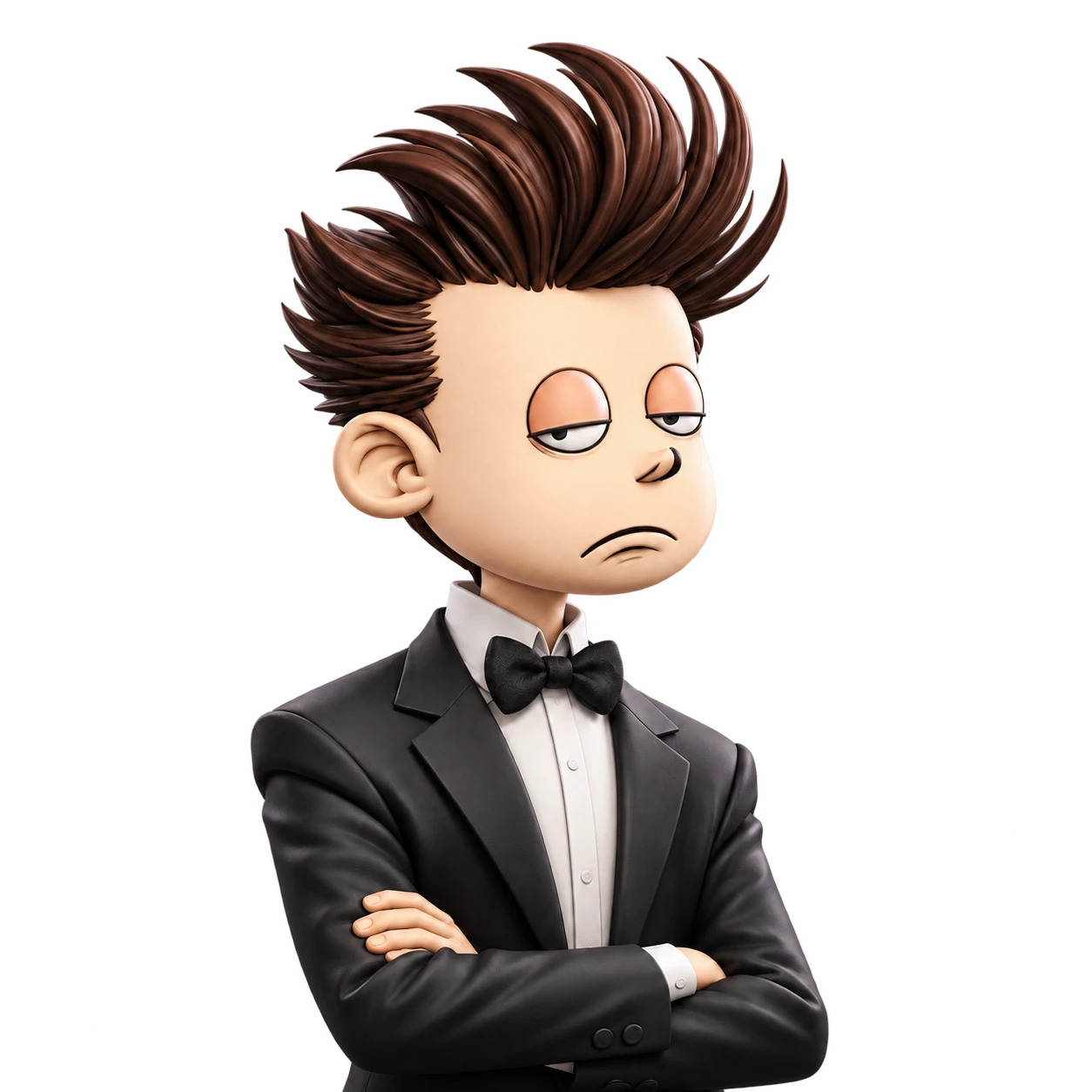 An unimpressed character in a black tuxedo, with swept-up hair and crossed arms.