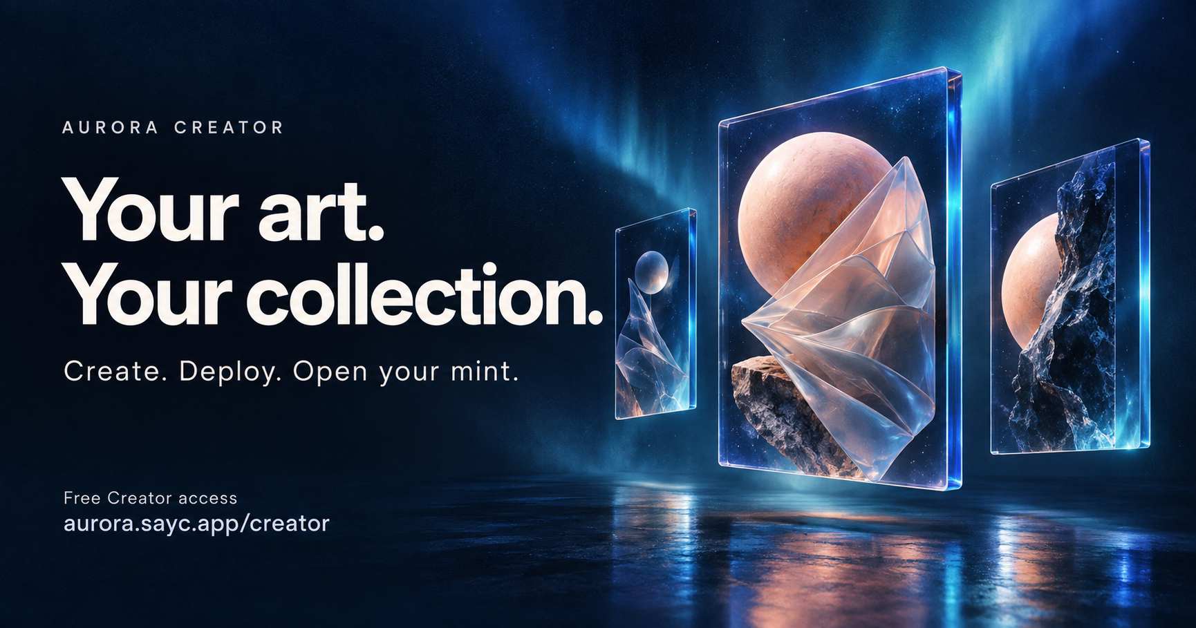 Your art. Your collection. An Aurora Creator campaign featuring floating glass artwork tiles and abstract sculptures.